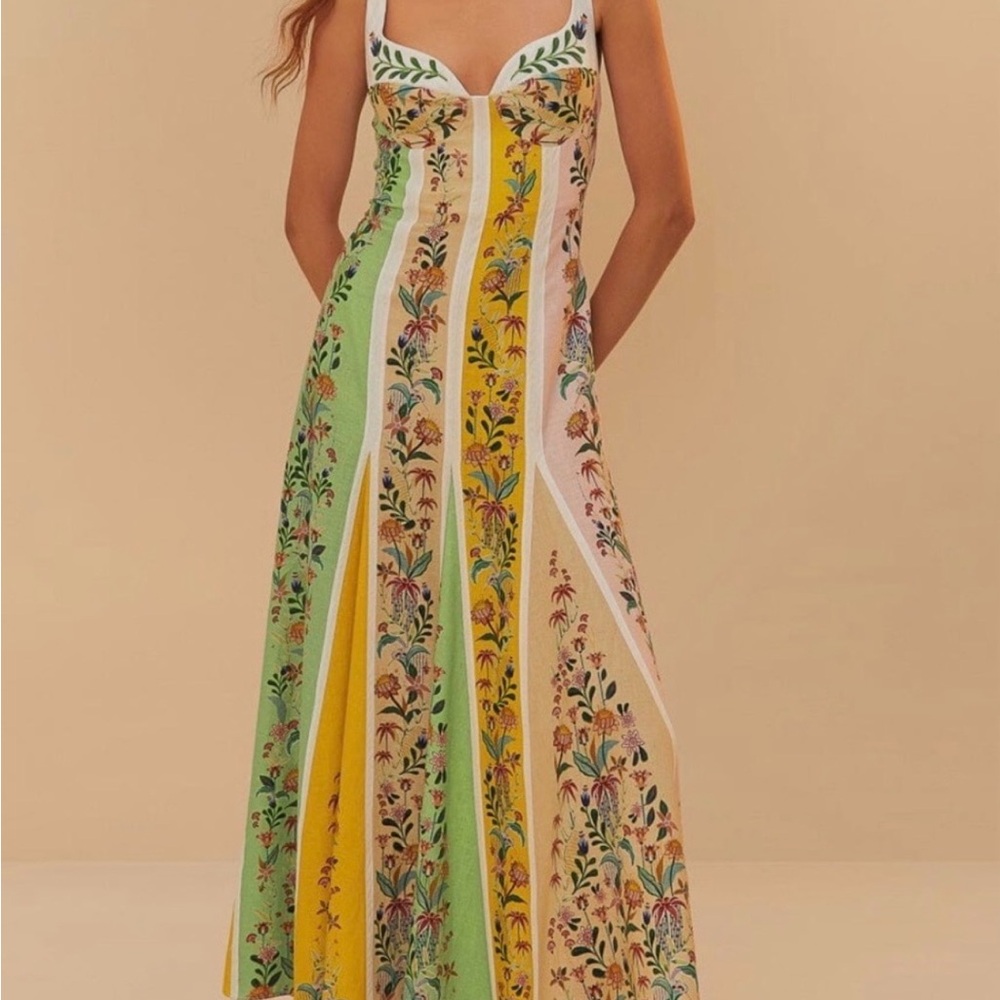 FARM Rio Striped Floral Maxi Dress in Green, Yellow & Pink - Picture 1 of 7